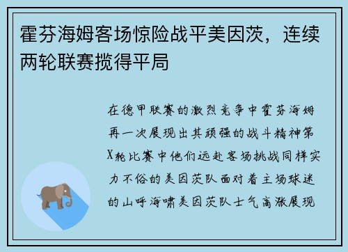 霍芬海姆客场惊险战平美因茨，连续两轮联赛揽得平局