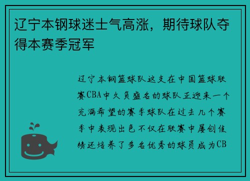 辽宁本钢球迷士气高涨，期待球队夺得本赛季冠军