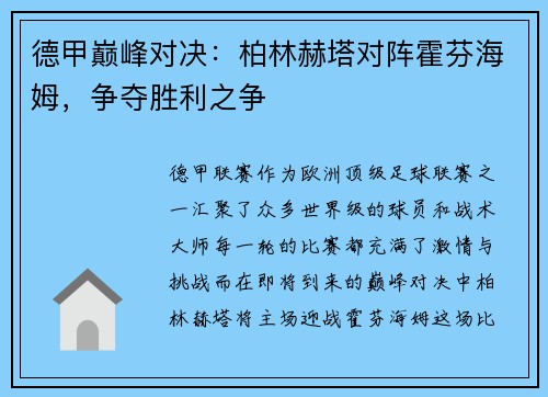 德甲巅峰对决：柏林赫塔对阵霍芬海姆，争夺胜利之争